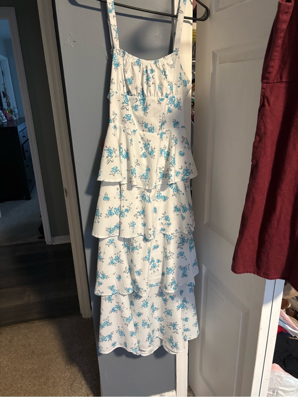 Amazon White Midi Sundress with Blue Floral Print